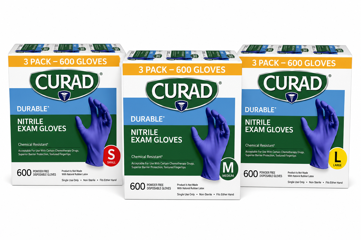 CURAD Durable Nitrile Exam Gloves, Powder-Free, Chemical Resistant, Textured Fingertips, Disposable Medical Gloves, 3 Pack (600 Gloves), Small / Medium / Large