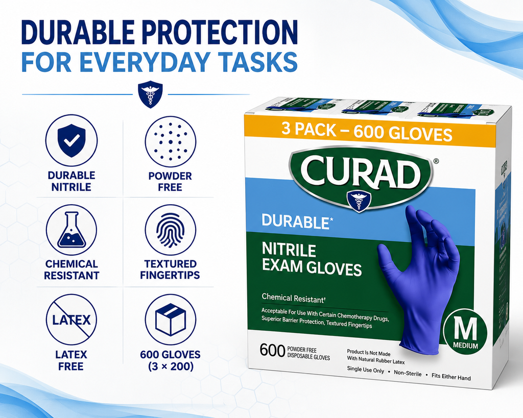 CURAD Durable Nitrile Exam Gloves, Powder-Free, Chemical Resistant, Textured Fingertips, Disposable Medical Gloves, 3 Pack (600 Gloves), Small / Medium / Large
