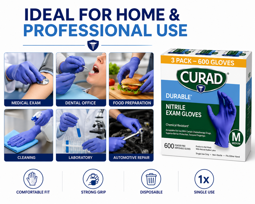 CURAD Durable Nitrile Exam Gloves, Powder-Free, Chemical Resistant, Textured Fingertips, Disposable Medical Gloves, 3 Pack (600 Gloves), Small / Medium / Large