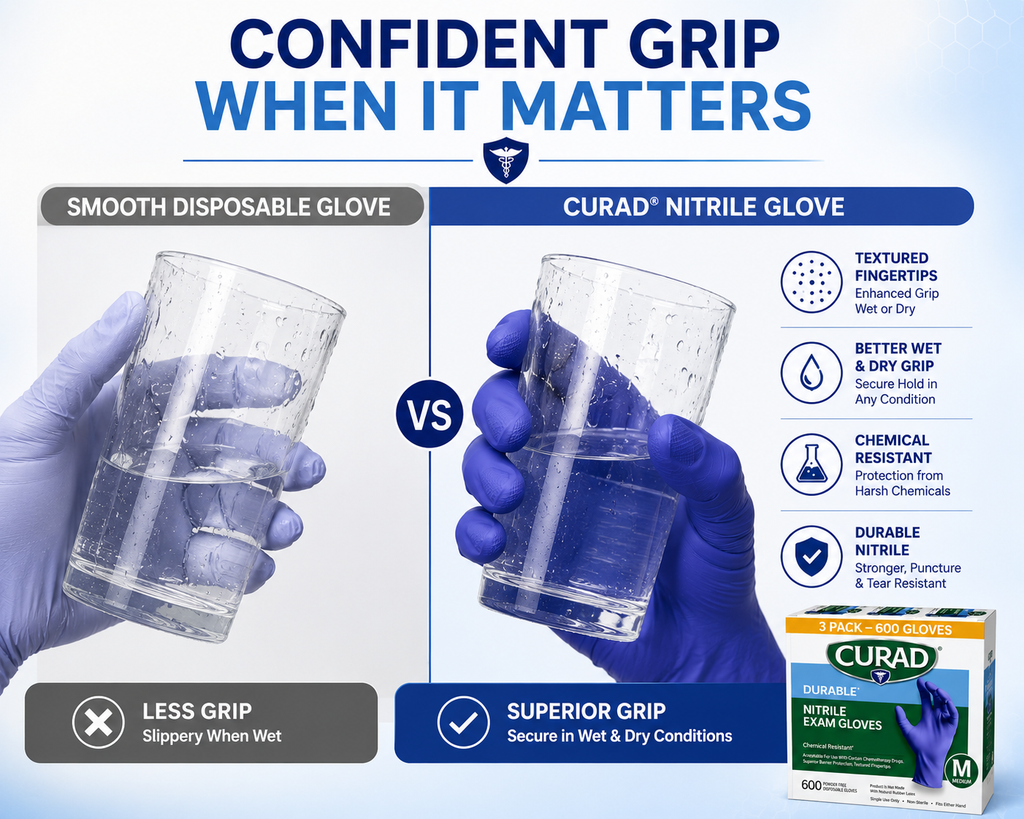 CURAD Durable Nitrile Exam Gloves, Powder-Free, Chemical Resistant, Textured Fingertips, Disposable Medical Gloves, 3 Pack (600 Gloves), Small / Medium / Large