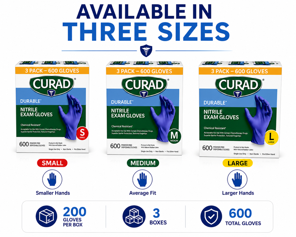 CURAD Durable Nitrile Exam Gloves, Powder-Free, Chemical Resistant, Textured Fingertips, Disposable Medical Gloves, 3 Pack (600 Gloves), Small / Medium / Large