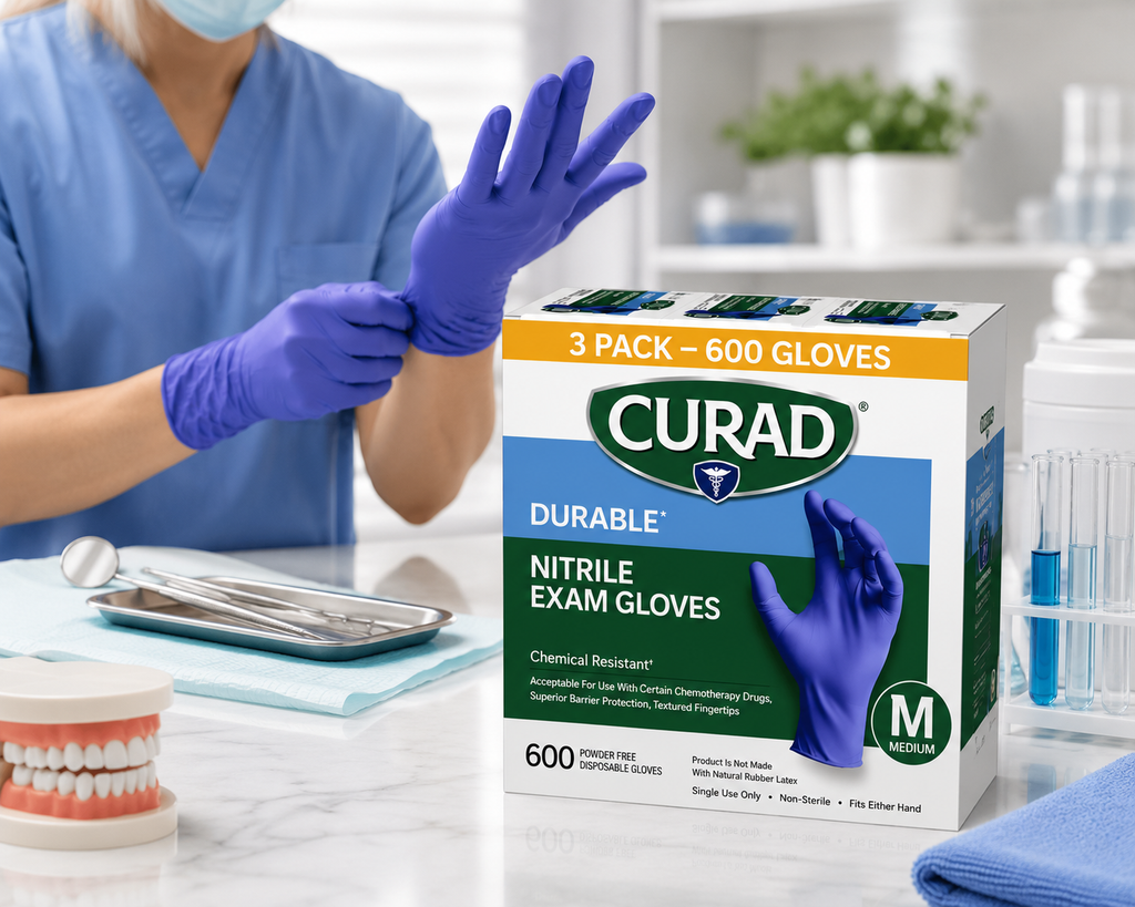 CURAD Durable Nitrile Exam Gloves, Powder-Free, Chemical Resistant, Textured Fingertips, Disposable Medical Gloves, 3 Pack (600 Gloves), Small / Medium / Large