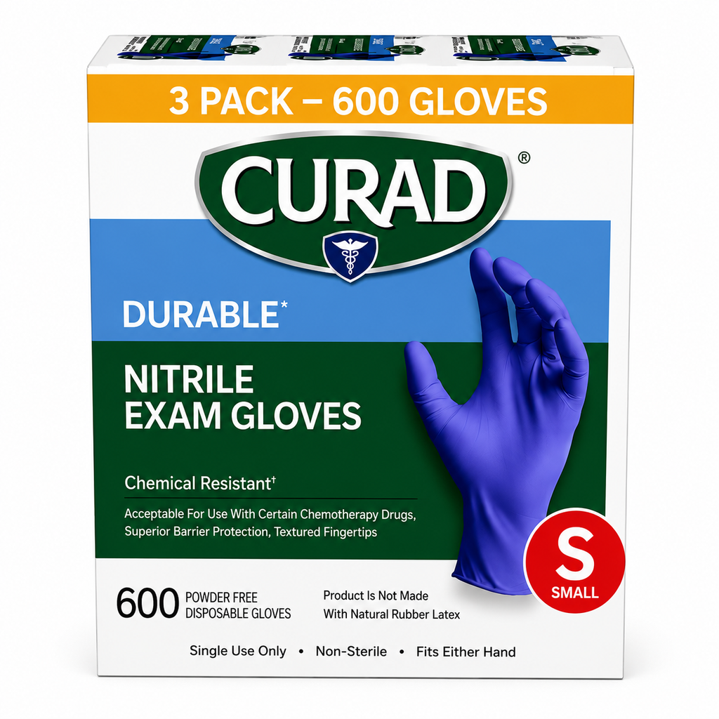 CURAD Durable Nitrile Exam Gloves, Powder-Free, Chemical Resistant, Textured Fingertips, Disposable Medical Gloves, 3 Pack (600 Gloves), Small / Medium / Large