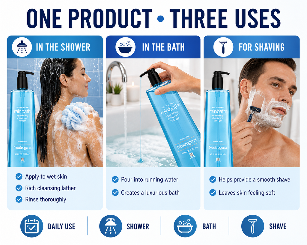 Neutrogena Rainbath Shower & Bath Gel, 40 fl oz, Moisturizing Body Wash, Rich Lather, Multi-Purpose Bath & Shower Cleanser, Original Scent or Ocean Mist Fragrance, Pump Bottle