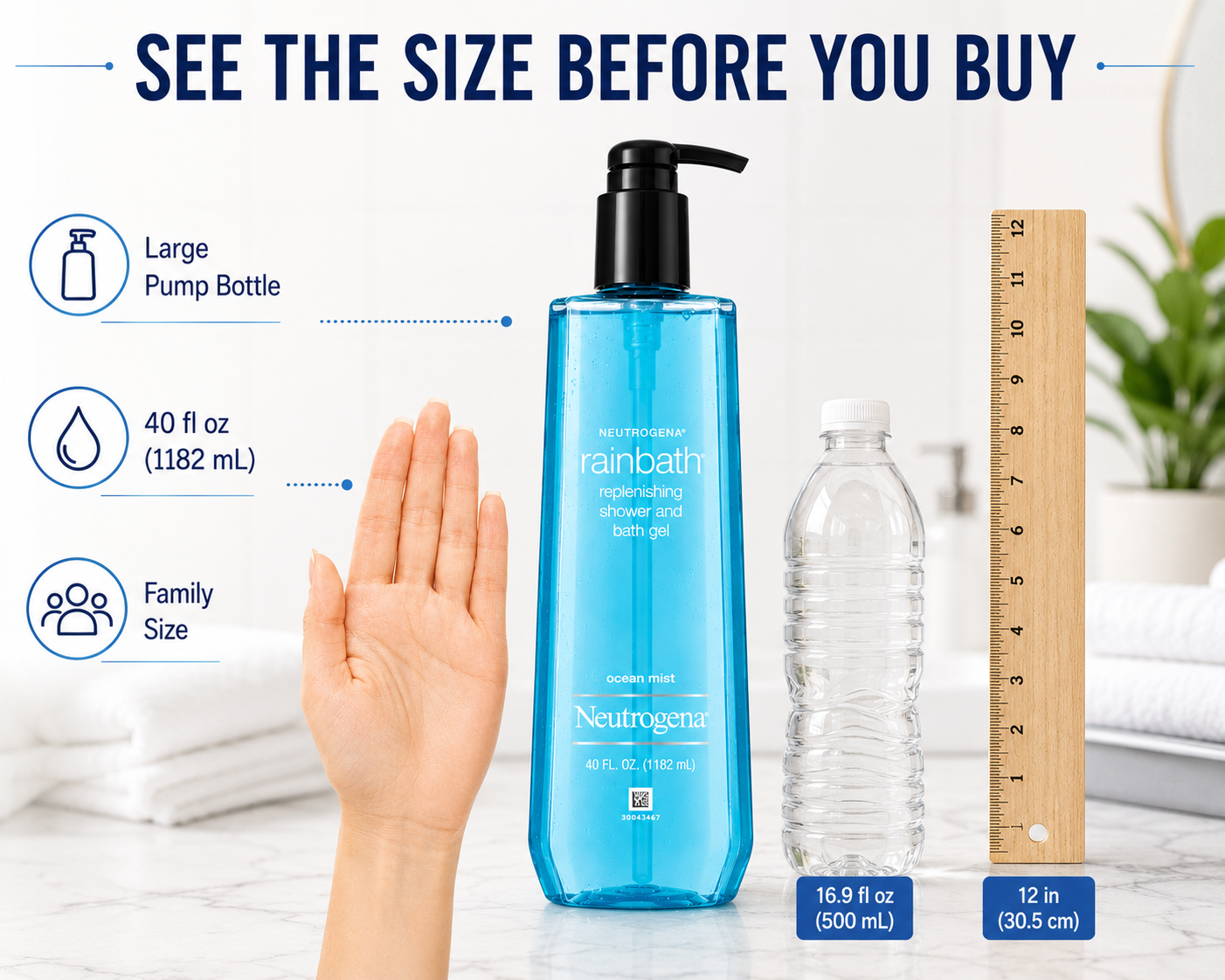 Neutrogena Rainbath Shower & Bath Gel, 40 fl oz, Moisturizing Body Wash, Rich Lather, Multi-Purpose Bath & Shower Cleanser, Original Scent or Ocean Mist Fragrance, Pump Bottle