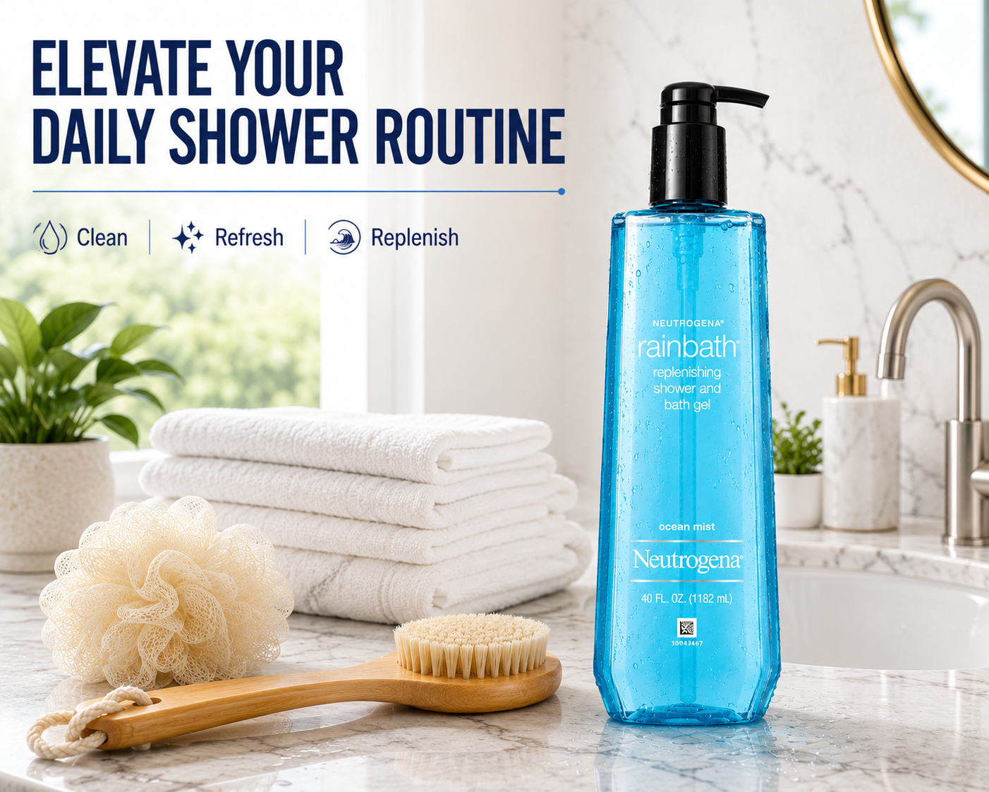 Neutrogena Rainbath Shower & Bath Gel, 40 fl oz, Moisturizing Body Wash, Rich Lather, Multi-Purpose Bath & Shower Cleanser, Original Scent or Ocean Mist Fragrance, Pump Bottle