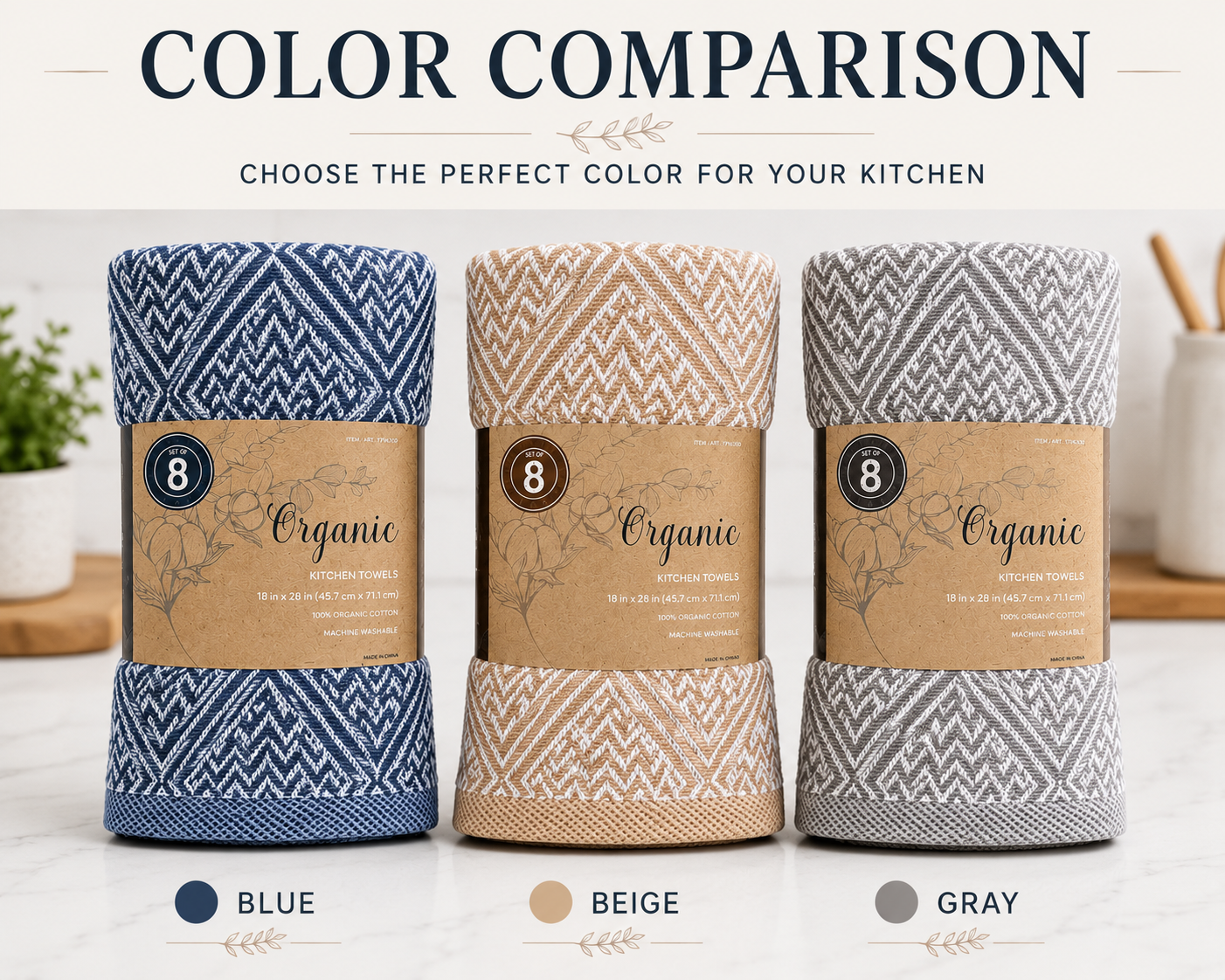 Organic Kitchen Towels, 8-Pack, 18 x 28 in, 100% Organic Cotton, Machine Washable, Highly Absorbent Dish Towels, Assorted Colors
