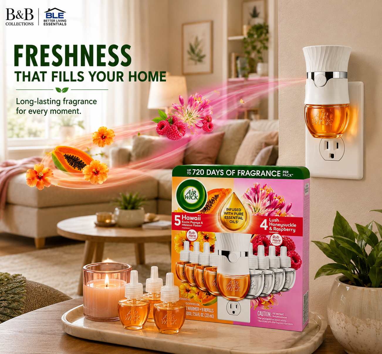 Air Wick Plug In Scented Oil Air Freshener Starter Kit, 1 Warmer + 9 Refills, Essential Oils, Up to 720 Days Fragrance, Variety Pack, 7.56 fl oz (225 mL)