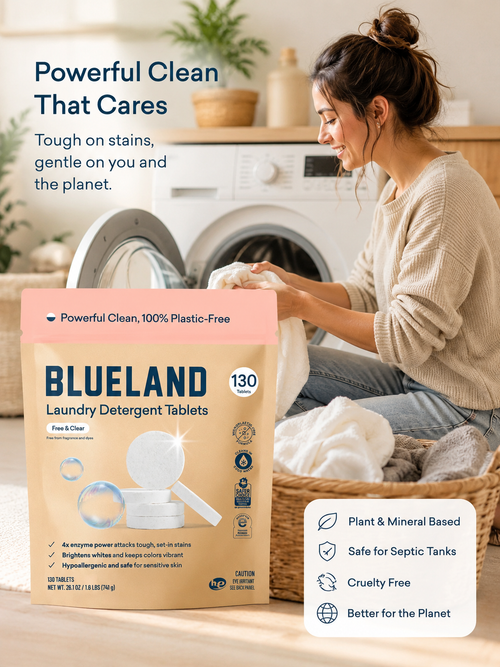 Blueland Laundry Detergent Tablets, Free & Clear, Plastic-Free Laundry Detergent, Hypoallergenic, HE Compatible, Cold Water Clean, 130 Tablets