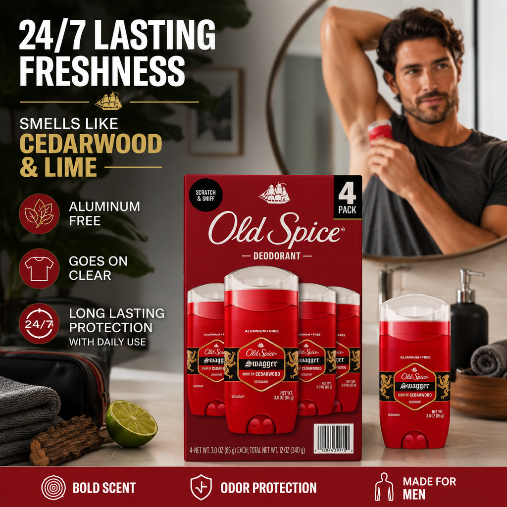 Old Spice Swagger Aluminum Free Deodorant, Cedarwood & Lime Scent, Clear Stick, 3 oz Each, 4 Pack