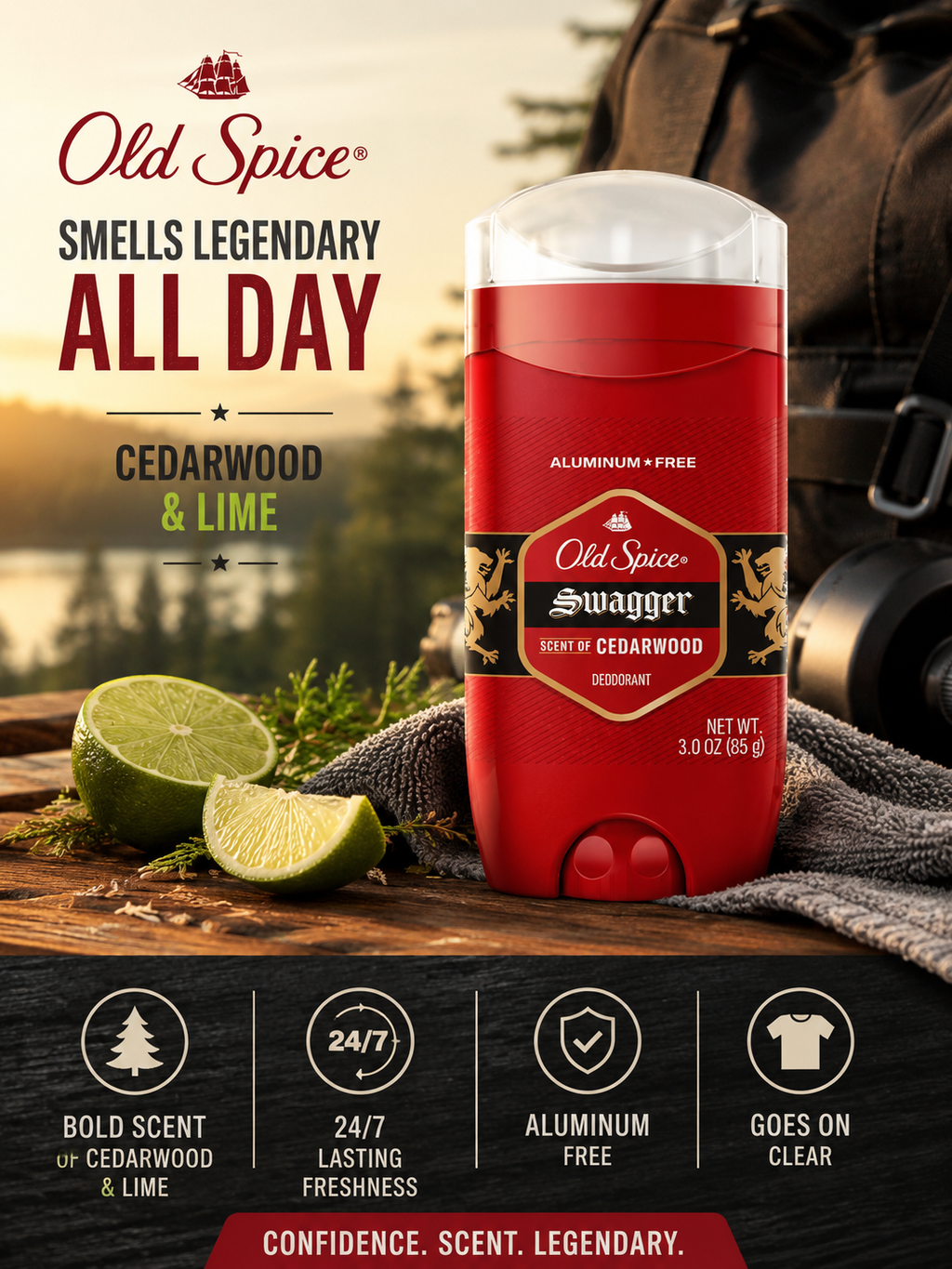 Old Spice Swagger Aluminum Free Deodorant, Cedarwood & Lime Scent, Clear Stick, 3 oz Each, 4 Pack