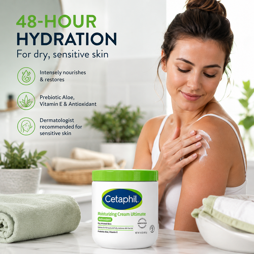 Cetaphil Moisturizing Cream Ultimate with Antioxidant, Prebiotic Aloe & Vitamin E, Fragrance Free Moisturizer for Dry, Sensitive Skin, 48-Hour Hydration, 16 oz
