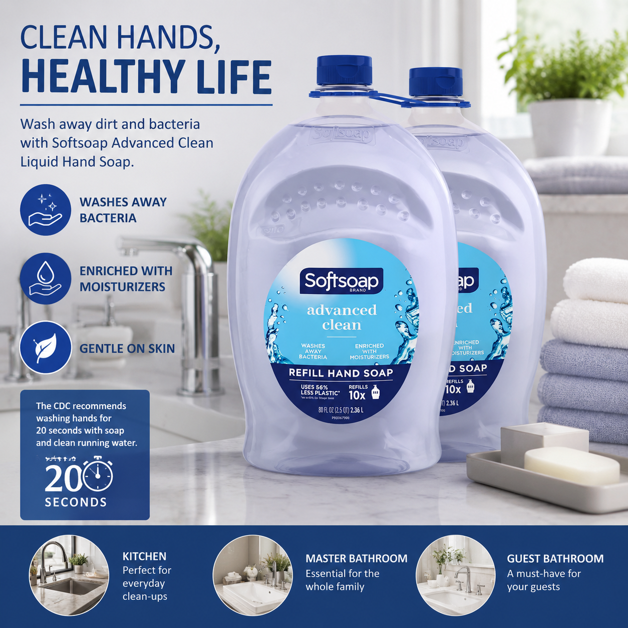 Softsoap Advanced Clean Liquid Hand Soap Refill, Washes Away Bacteria, Moisturizing Formula, 80 fl oz Each, 2 Pack
