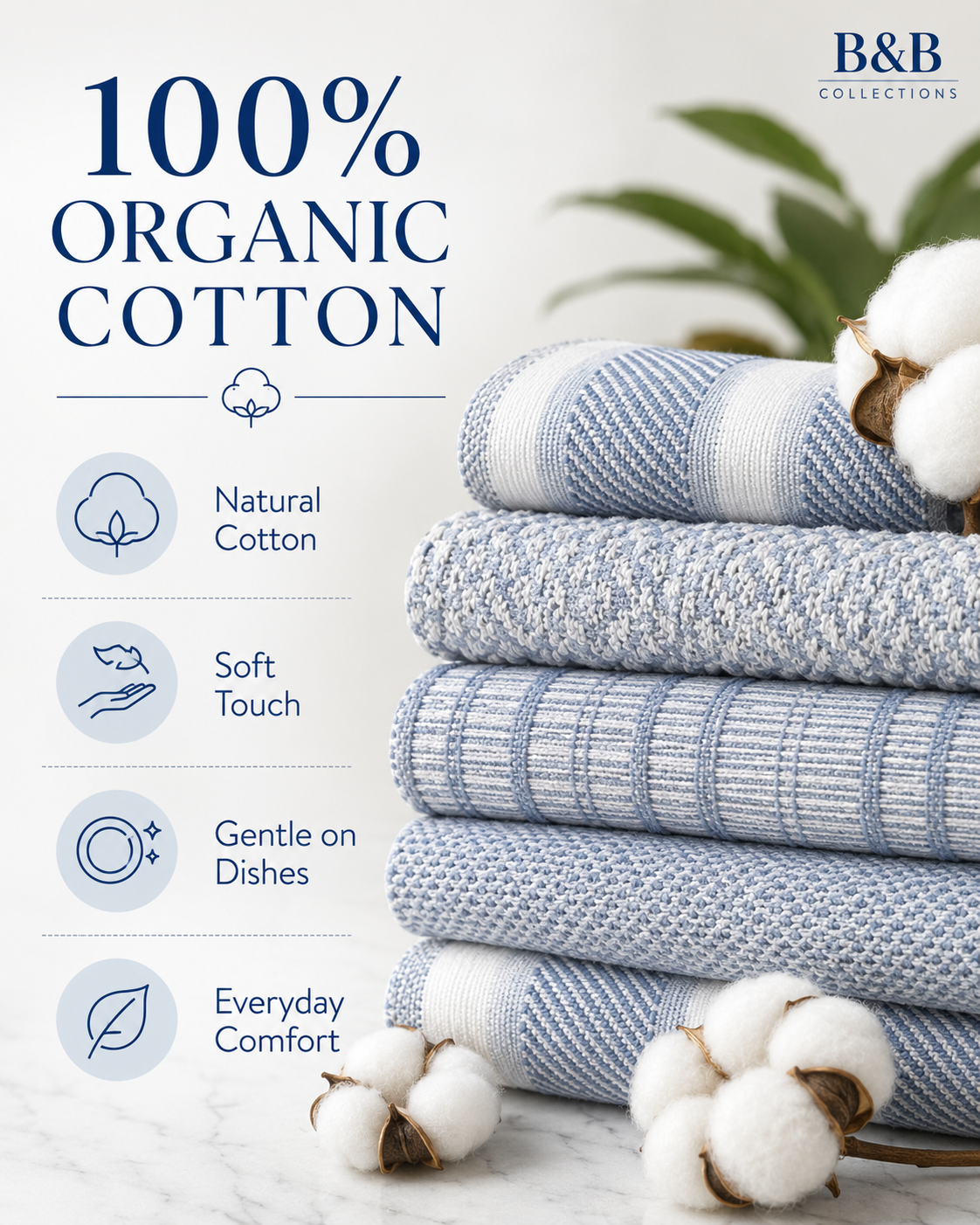 Organic Kitchen Towels, 8-Pack, 18 x 28 in, 100% Organic Cotton, Machine Washable, Highly Absorbent Dish Towels, Assorted Colors