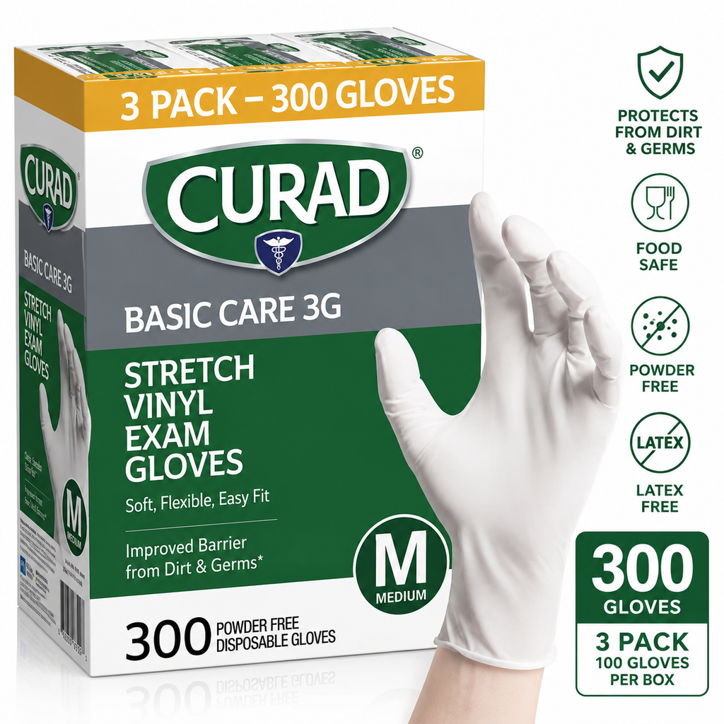 Curad Basic Care 3G Stretch Vinyl Exam Gloves, Powder-Free, Medium, Latex-Free, Disposable Multi-Purpose Gloves, Food Safe, 300 Count