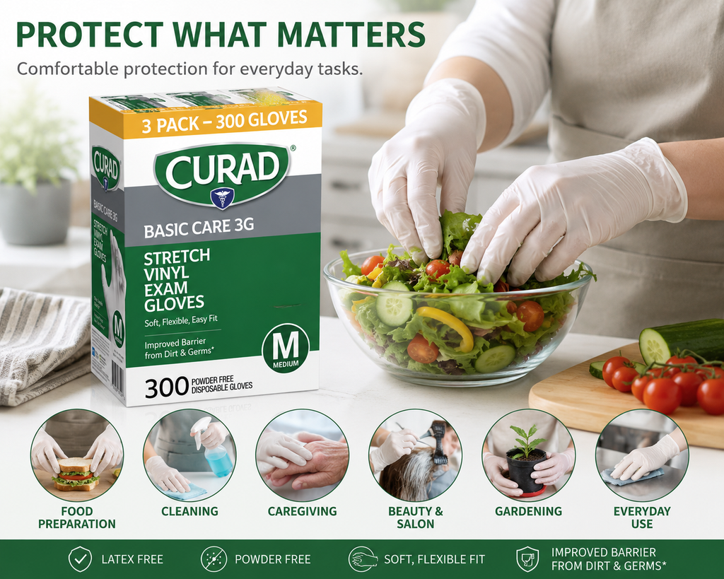 Curad Basic Care 3G Stretch Vinyl Exam Gloves, Powder-Free, Medium, Latex-Free, Disposable Multi-Purpose Gloves, Food Safe, 300 Count