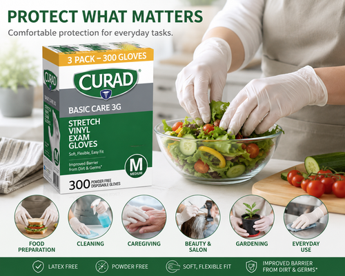 Curad Basic Care 3G Stretch Vinyl Exam Gloves, Powder-Free, Medium, Latex-Free, Disposable Multi-Purpose Gloves, Food Safe, 300 Count
