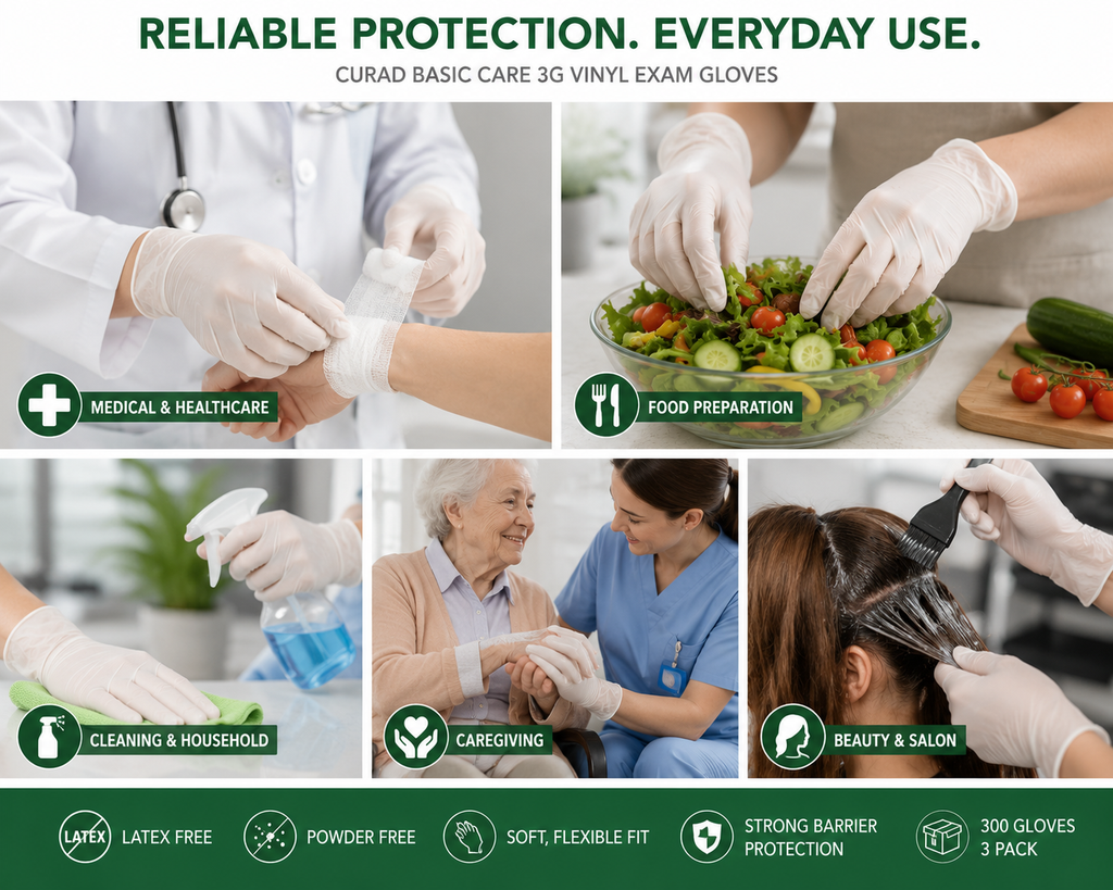 Curad Basic Care 3G Stretch Vinyl Exam Gloves, Powder-Free, Medium, Latex-Free, Disposable Multi-Purpose Gloves, Food Safe, 300 Count