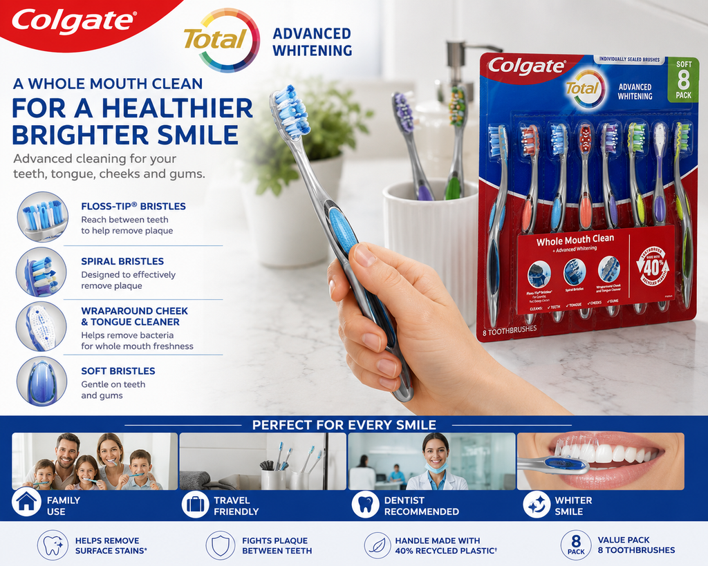 Colgate Total Advanced Whitening Soft Toothbrushes, Whole Mouth Clean, Floss-Tip & Spiral Bristles, Tongue Cleaner, 8 Count