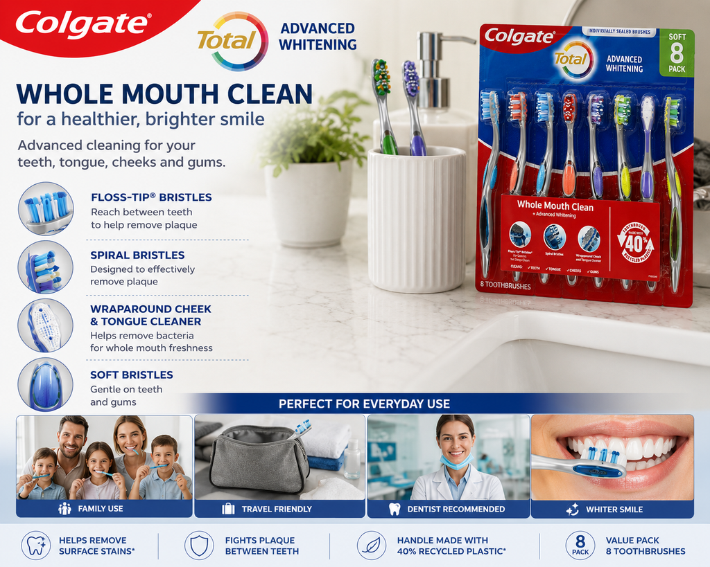 Colgate Total Advanced Whitening Soft Toothbrushes, Whole Mouth Clean, Floss-Tip & Spiral Bristles, Tongue Cleaner, 8 Count