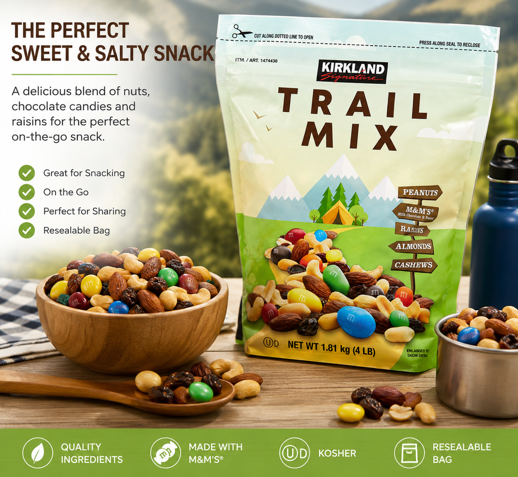 Kirkland Signature Trail Mix, 4 lb Resealable Bag, Peanuts, Almonds, Cashews, Raisins & Peanut Milk Chocolate Candies, Kosher Snack Mix
