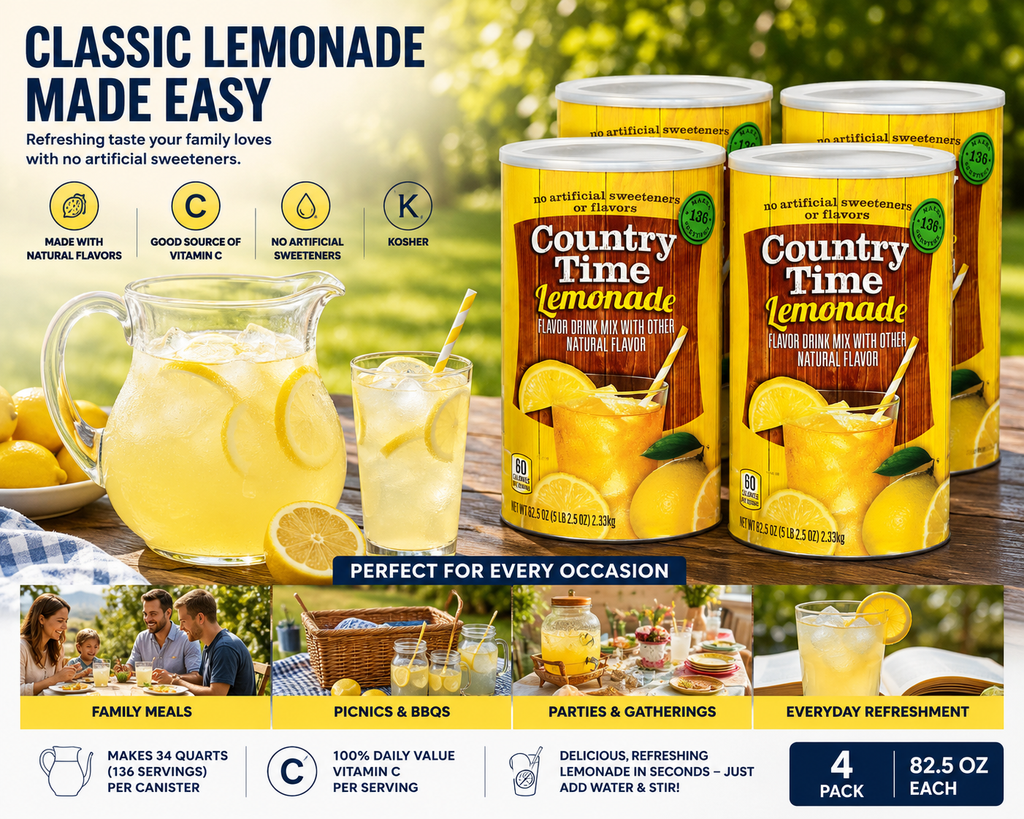 Country Time Lemonade Drink Mix, Makes 136 Servings, Natural Flavors, Vitamin C, 82.5 oz Canisters, 4-Pack
