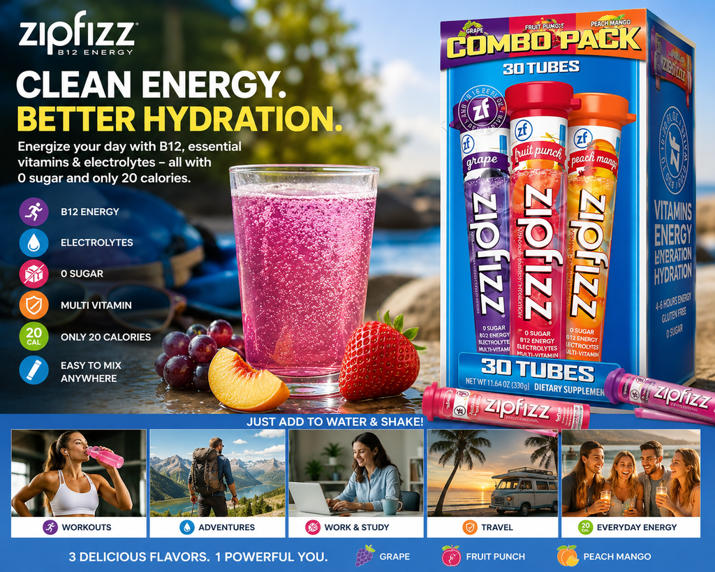 Zipfizz B12 Energy Drink Mix Variety Pack, Grape, Fruit Punch & Peach Mango, Sugar-Free Electrolyte Drink Mix, 30 Tubes
