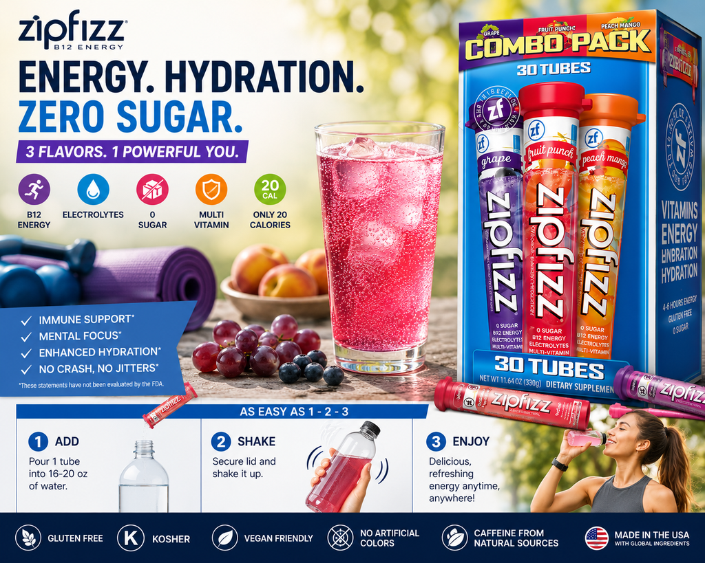 Zipfizz B12 Energy Drink Mix Variety Pack, Grape, Fruit Punch & Peach Mango, Sugar-Free Electrolyte Drink Mix, 30 Tubes