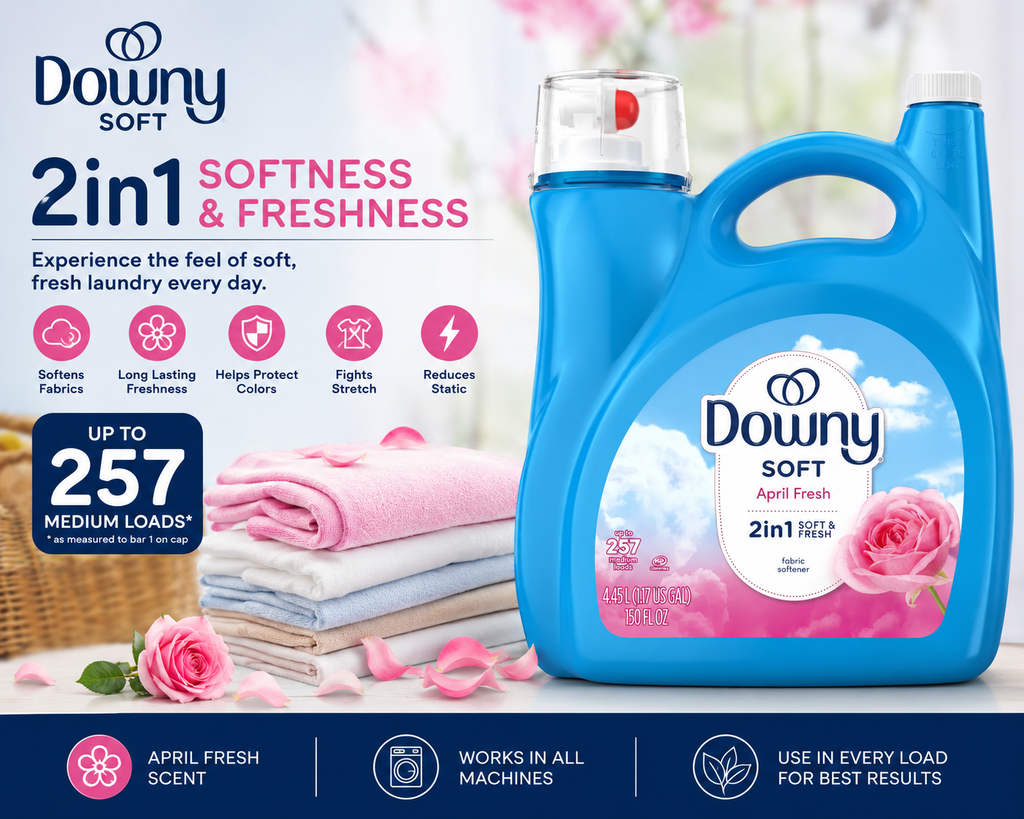 Downy Soft Liquid Fabric Softener, April Fresh Scent, 2-in-1 Softness & Freshness, 150 fl oz, Up to 257 Loads