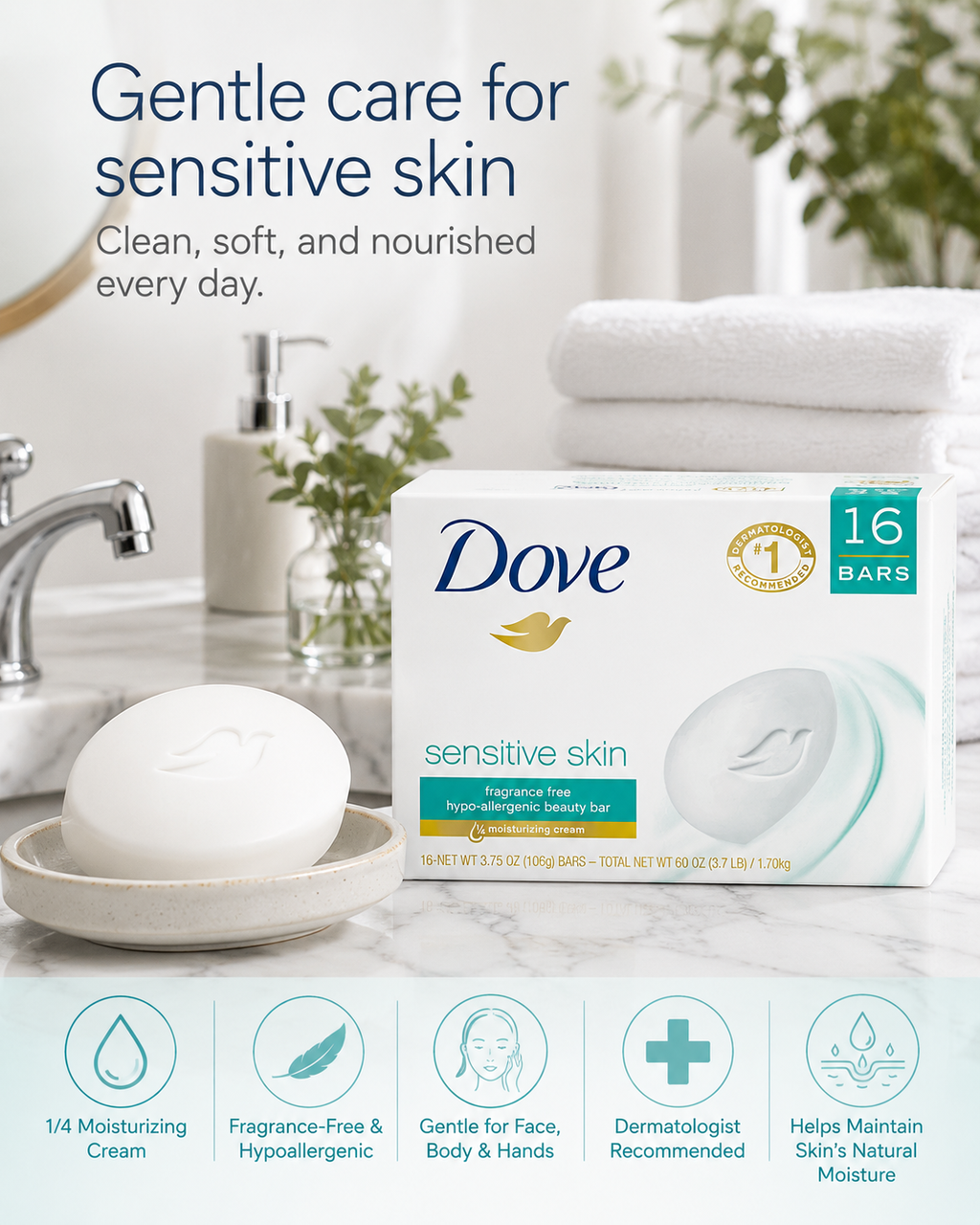 Dove Sensitive Skin Beauty Bar Soap, Fragrance-Free, Hypoallergenic with 1/4 Moisturizing Cream, Gentle Face, Body & Hand Cleanser, 3.75 oz Bars, 16 Count