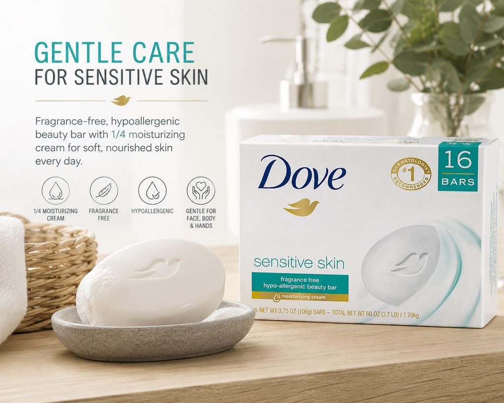Dove Sensitive Skin Beauty Bar Soap, Fragrance-Free, Hypoallergenic with 1/4 Moisturizing Cream, Gentle Face, Body & Hand Cleanser, 3.75 oz Bars, 16 Count