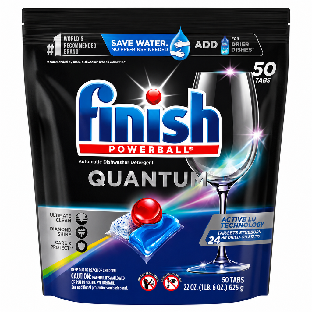 Finish Quantum Dishwasher Detergent Tabs, Ultimate Clean & Shine, Grease-Cutting Formula with Powerball Technology, Automatic Dishwasher Detergent, 50 Count