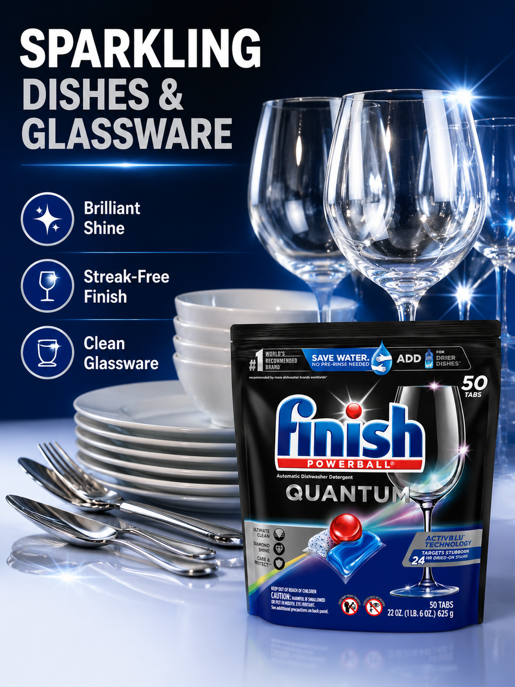 Finish Quantum Dishwasher Detergent Tabs, Ultimate Clean & Shine, Grease-Cutting Formula with Powerball Technology, Automatic Dishwasher Detergent, 50 Count