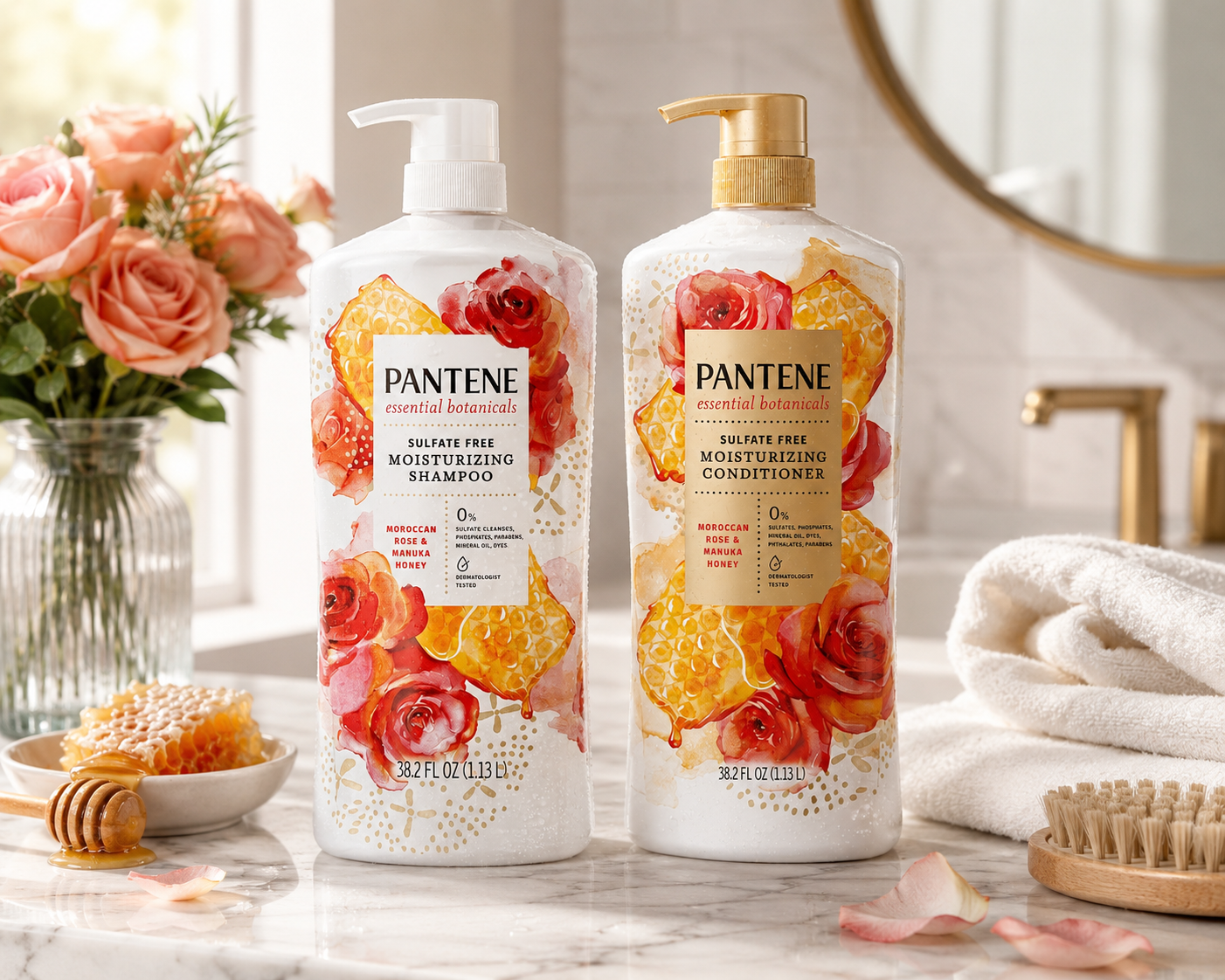 Pantene Essential Botanicals Sulfate-Free Shampoo & Conditioner Set, Moroccan Rose & Manuka Honey, Moisturizing Formula, 38.2 fl oz Each
