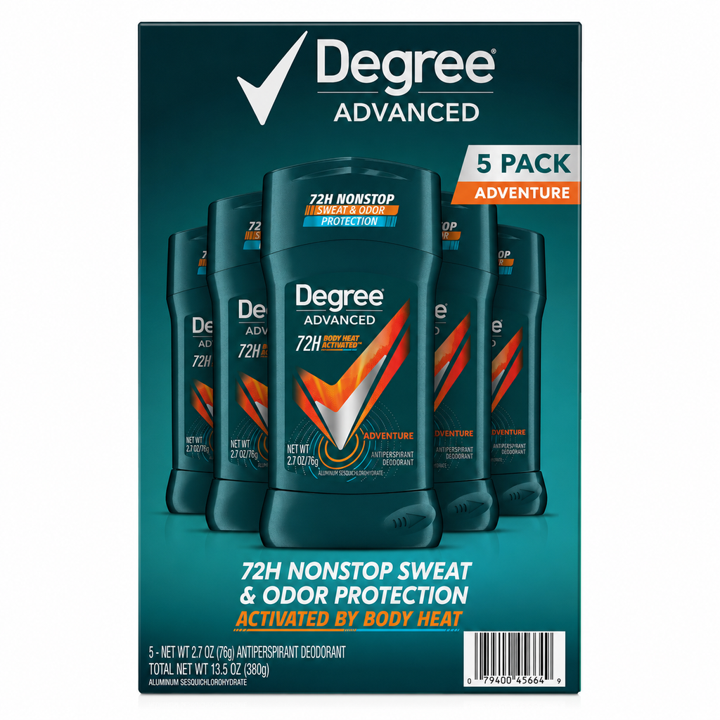 Degree Men Advanced Protection Antiperspirant Deodorant Adventure Scent, MotionSense Technology, 48-Hour Sweat & Odor Protection, 2.7 oz Sticks, 5 Count (Pack of 2) – Total 10 Sticks