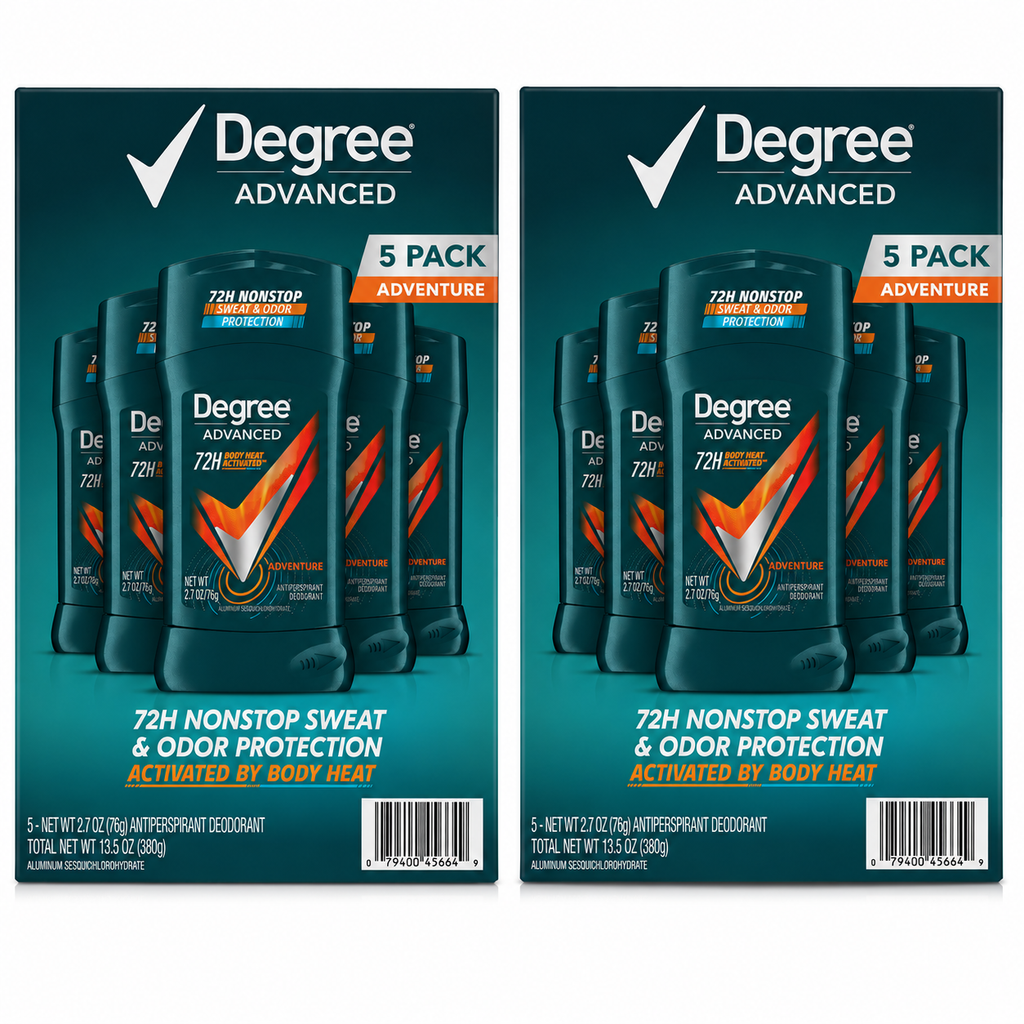 Degree Men Advanced Protection Antiperspirant Deodorant Adventure Scent, MotionSense Technology, 48-Hour Sweat & Odor Protection, 2.7 oz Sticks, 5 Count (Pack of 2) – Total 10 Sticks