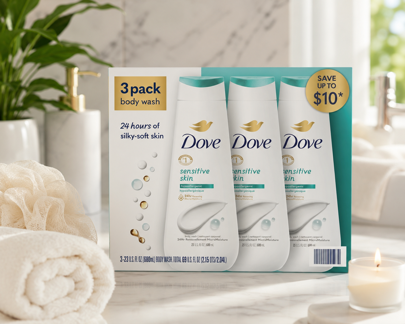 Dove Sensitive Skin Nourishing Body Wash, Fragrance-Free, Hypoallergenic, 24-Hour MicroMoisture, 23 fl oz Bottles, Pack of 3