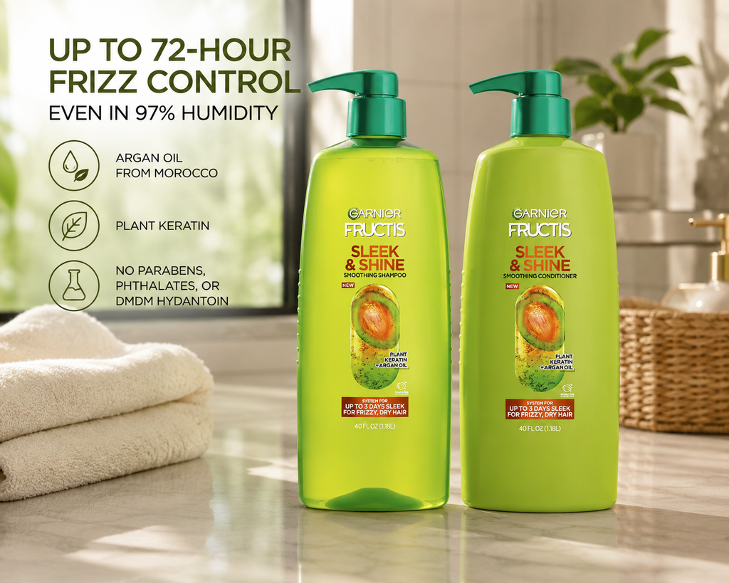 Garnier Fructis Sleek & Shine Smoothing Shampoo and Conditioner Set, Argan Oil & Plant Keratin, Frizz Control for Dry Hair, 40 fl oz Each, 2-Pack