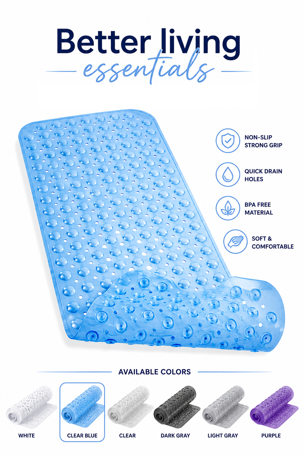 Extra Long Non-Slip Bathtub Mat 40 x 16 Inch, 200 Suction Cups, Fast Drain Holes, Machine Washable Shower Mat for Bathroom,