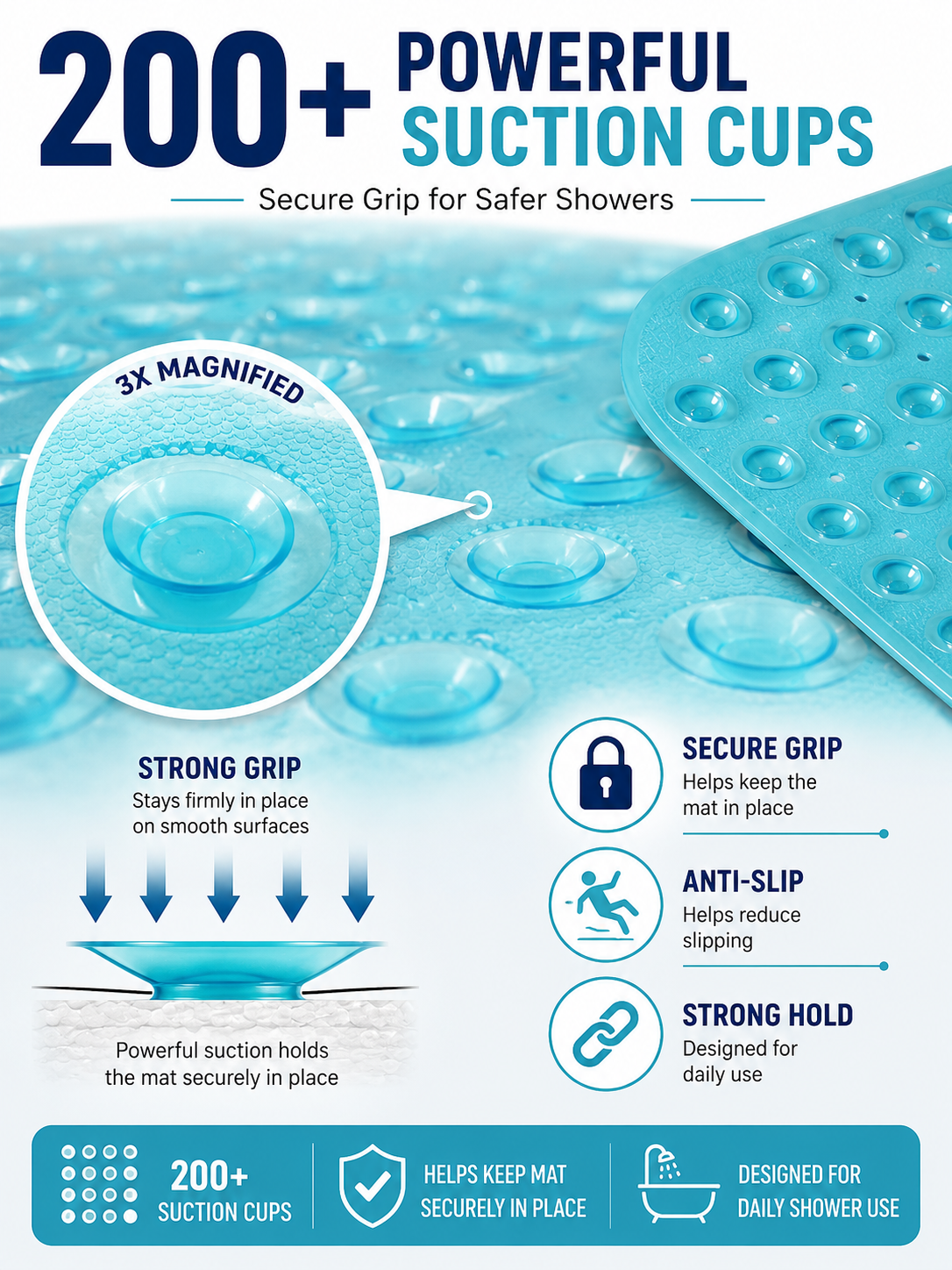 Extra Long Non-Slip Bathtub Mat 40 x 16 Inch, 200 Suction Cups, Fast Drain Holes, Machine Washable Shower Mat for Bathroom,