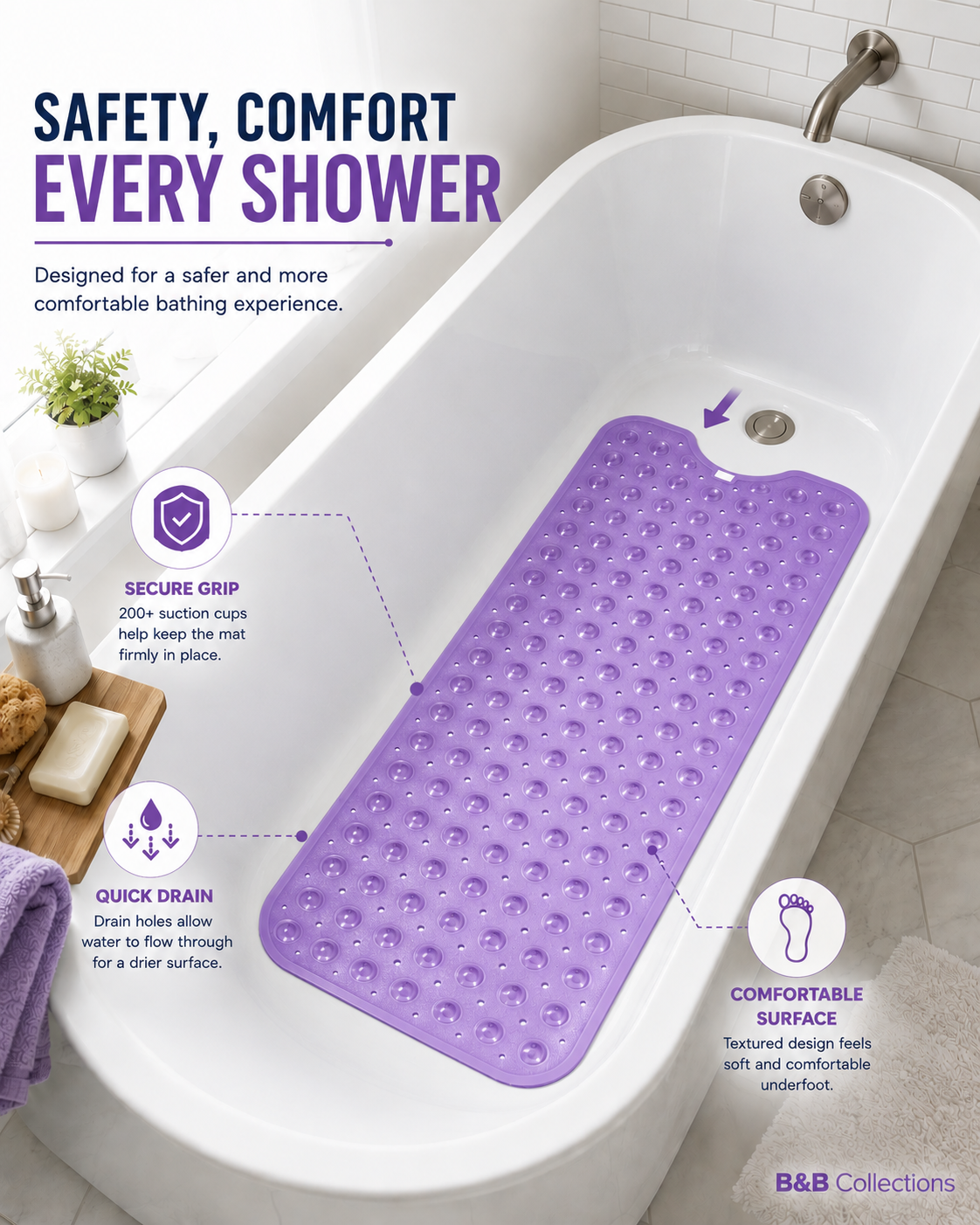 Extra Long Non-Slip Bathtub Mat 40 x 16 Inch, 200 Suction Cups, Fast Drain Holes, Machine Washable Shower Mat for Bathroom,