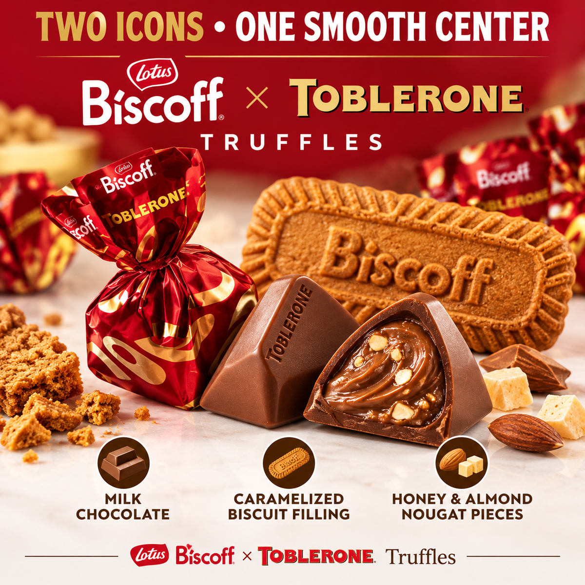 Lotus Biscoff Toblerone Truffles Milk Chocolate with Caramelized Biscuit Filling, Honey & Almond Nougat Pieces, 17.46 oz per Box
