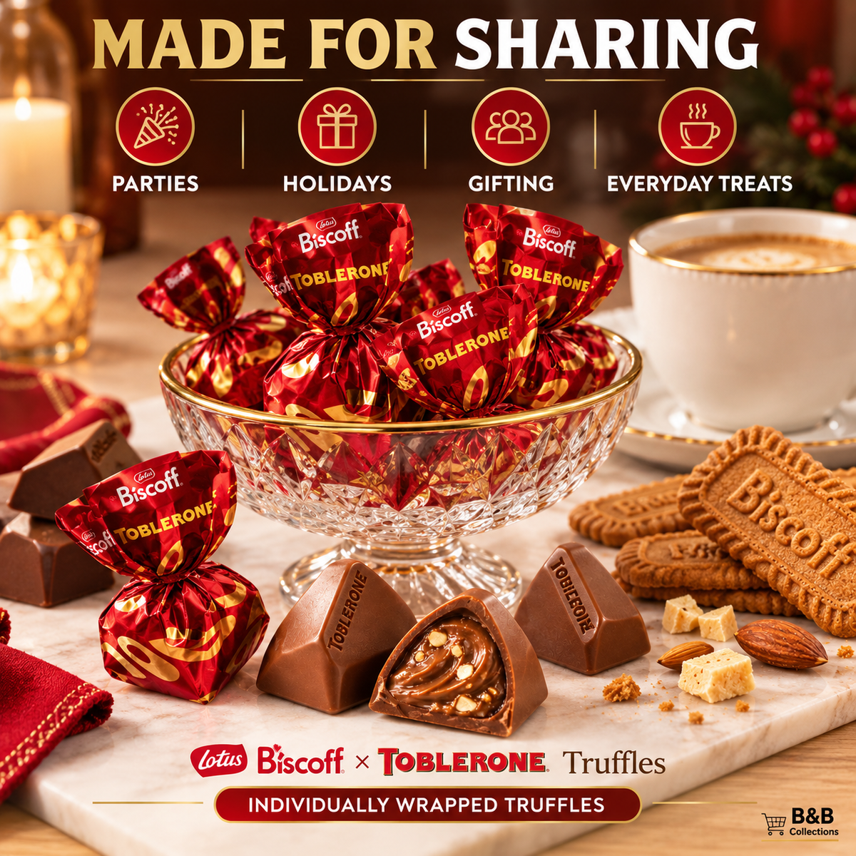 Lotus Biscoff Toblerone Truffles Milk Chocolate with Caramelized Biscuit Filling, Honey & Almond Nougat Pieces, 17.46 oz per Box