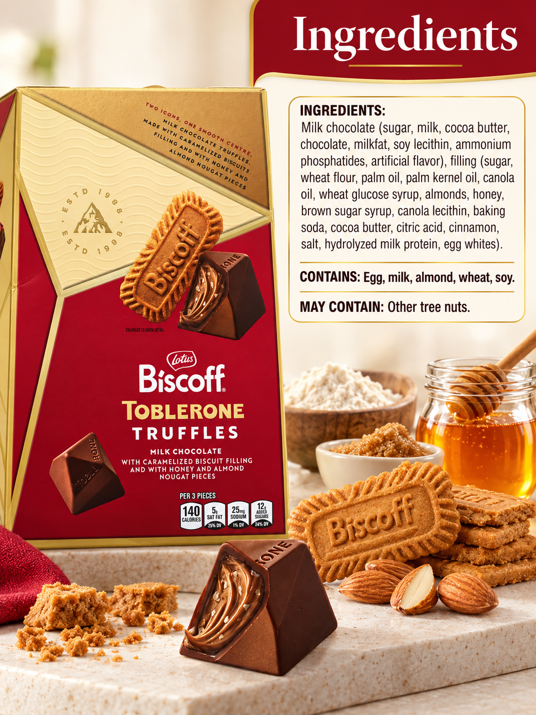 Lotus Biscoff Toblerone Truffles Milk Chocolate with Caramelized Biscuit Filling, Honey & Almond Nougat Pieces, 17.46 oz per Box