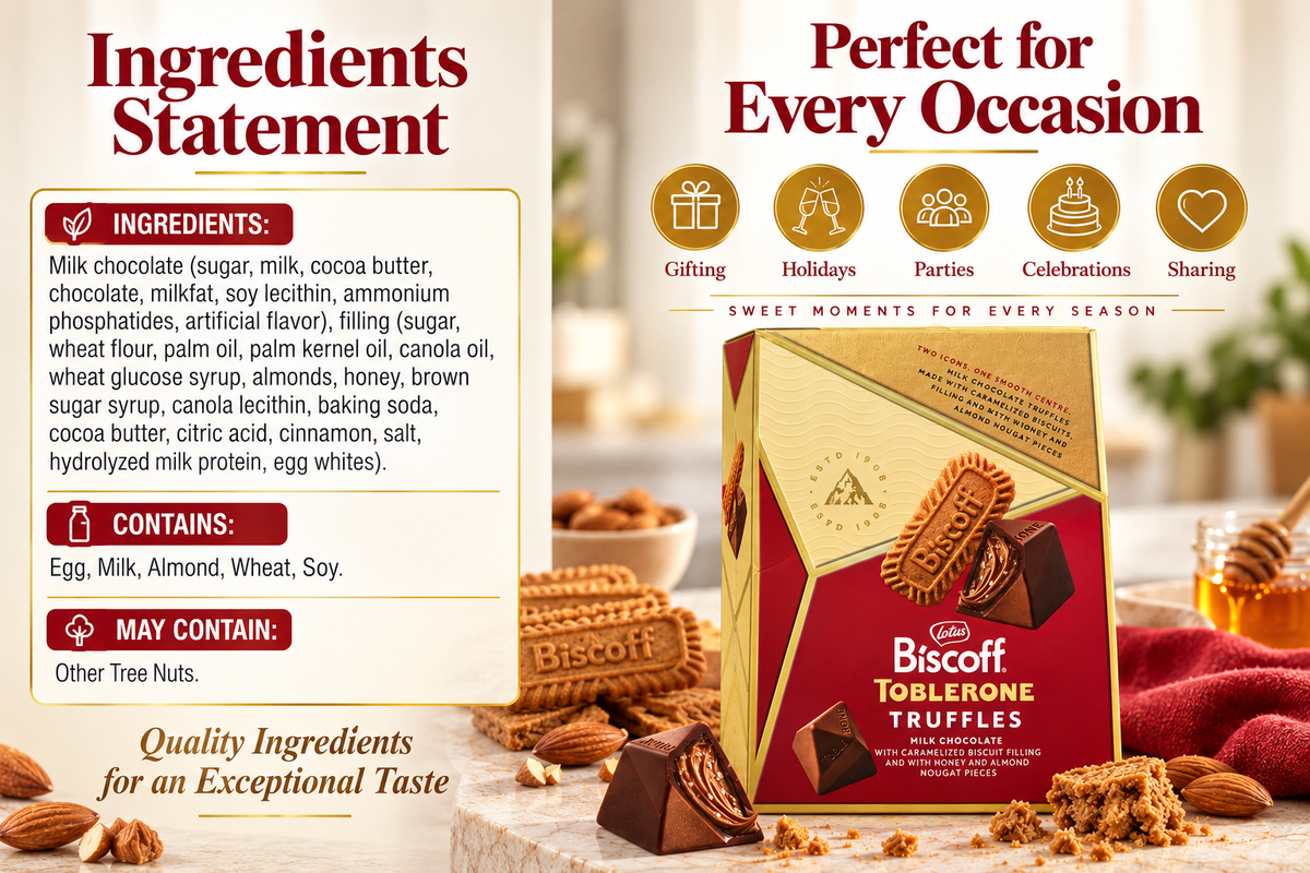 Lotus Biscoff Toblerone Truffles Milk Chocolate with Caramelized Biscuit Filling, Honey & Almond Nougat Pieces, 17.46 oz per Box