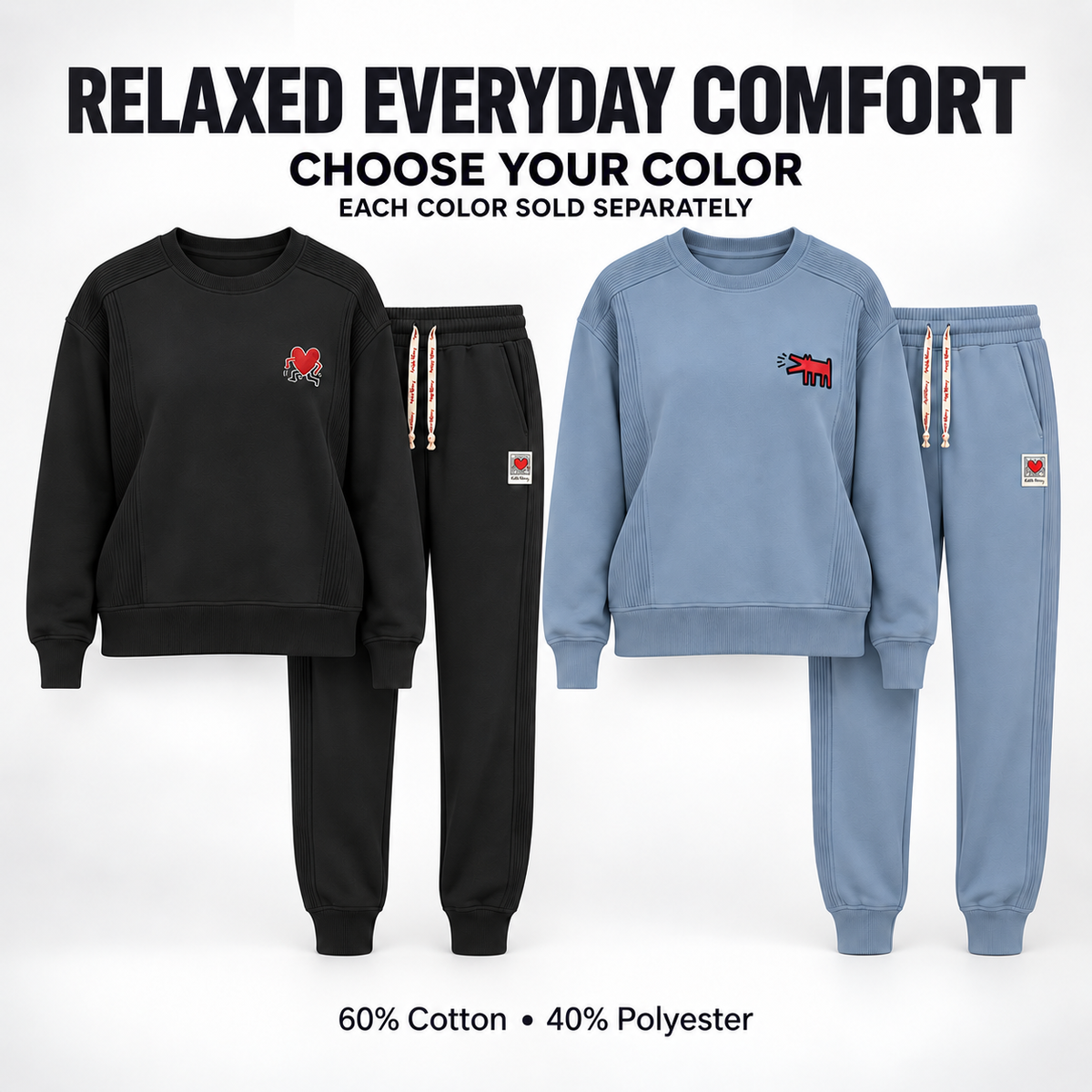 Keith Haring Women’s 2-Piece Crewneck Sweatshirt and Jogger Lounge Set, Sizes S–XXL