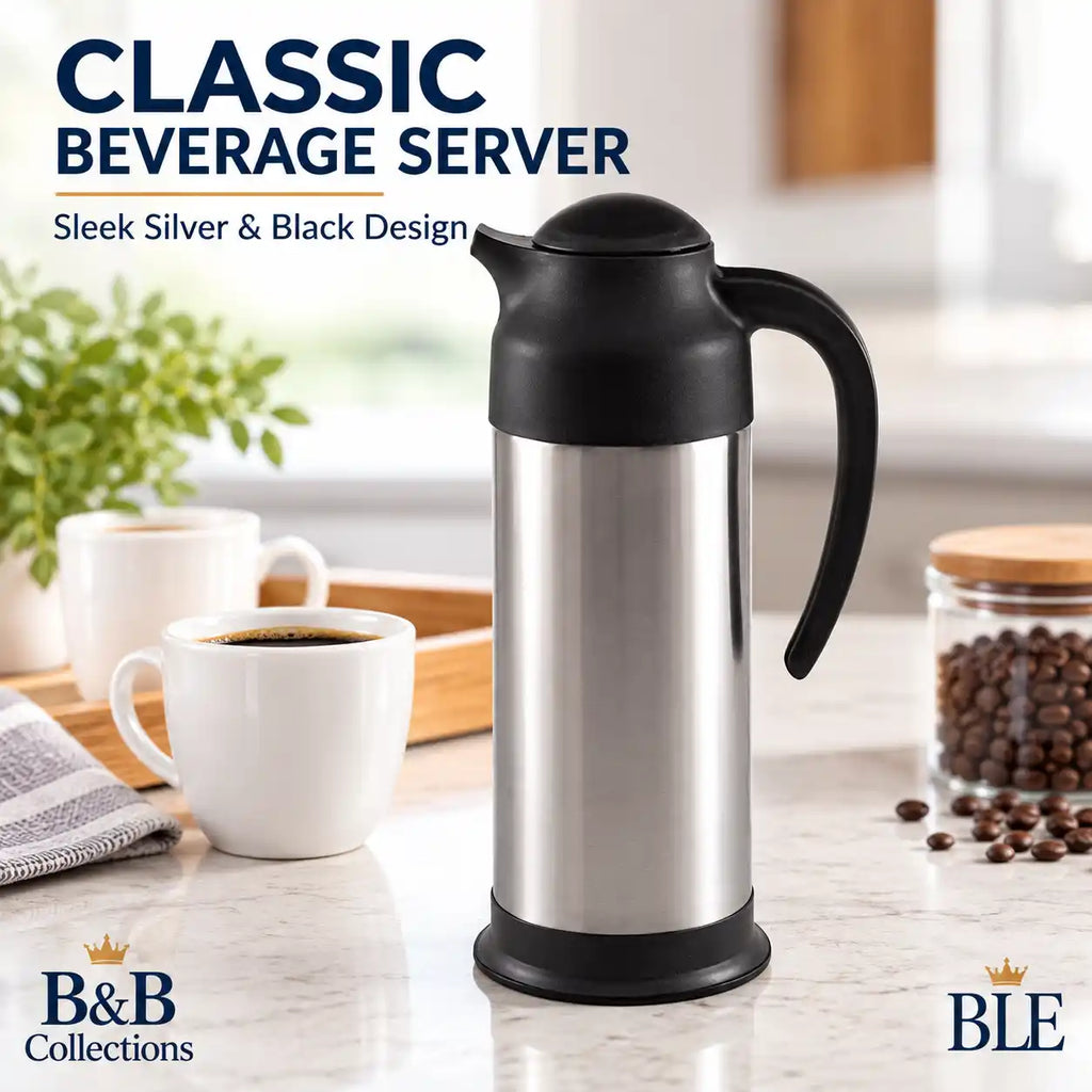 Stainless Steel Thermal Coffee Carafe, Insulated Coffee & Tea Server with Easy-Pour Spout and Ergonomic Handle, Silver & Black