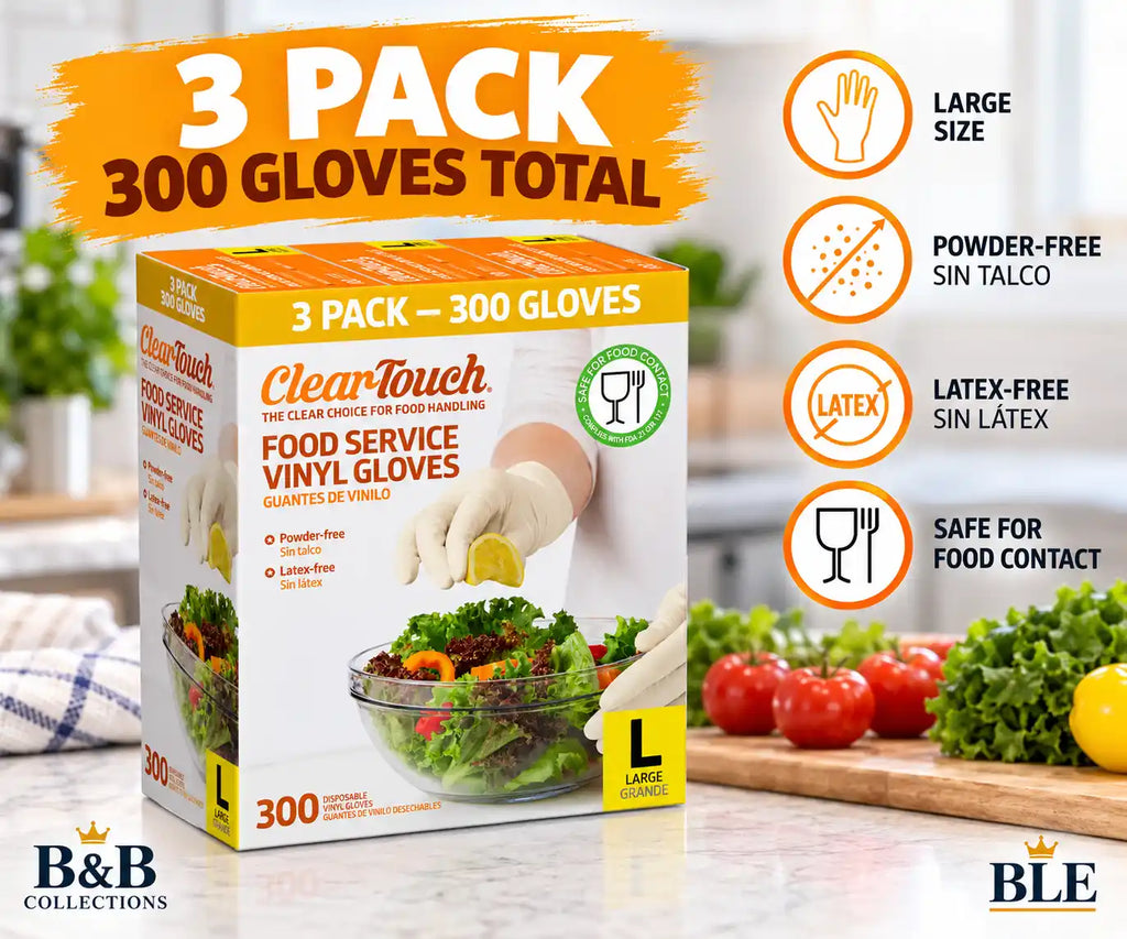 ClearTouch Food Service Vinyl Gloves, Large, Powder-Free, Latex-Free, Disposable Food Handling Gloves, 3 Pack, 300 Count