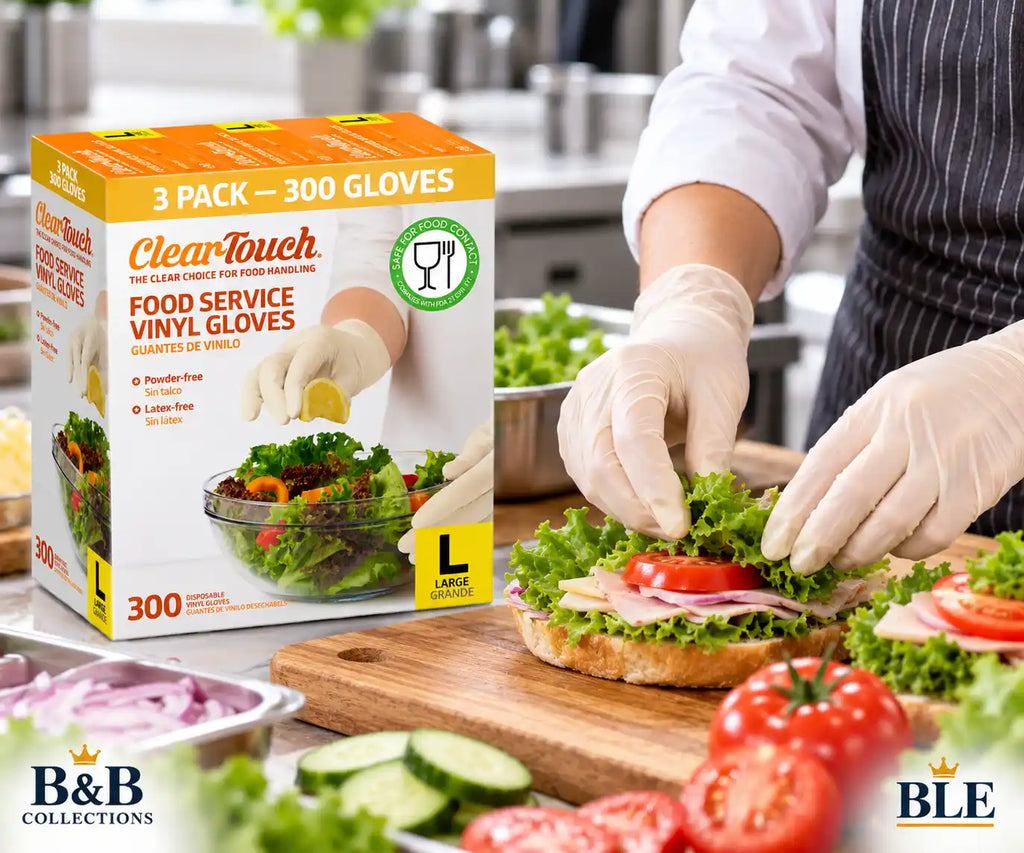 ClearTouch Food Service Vinyl Gloves, Large, Powder-Free, Latex-Free, Disposable Food Handling Gloves, 3 Pack, 300 Count