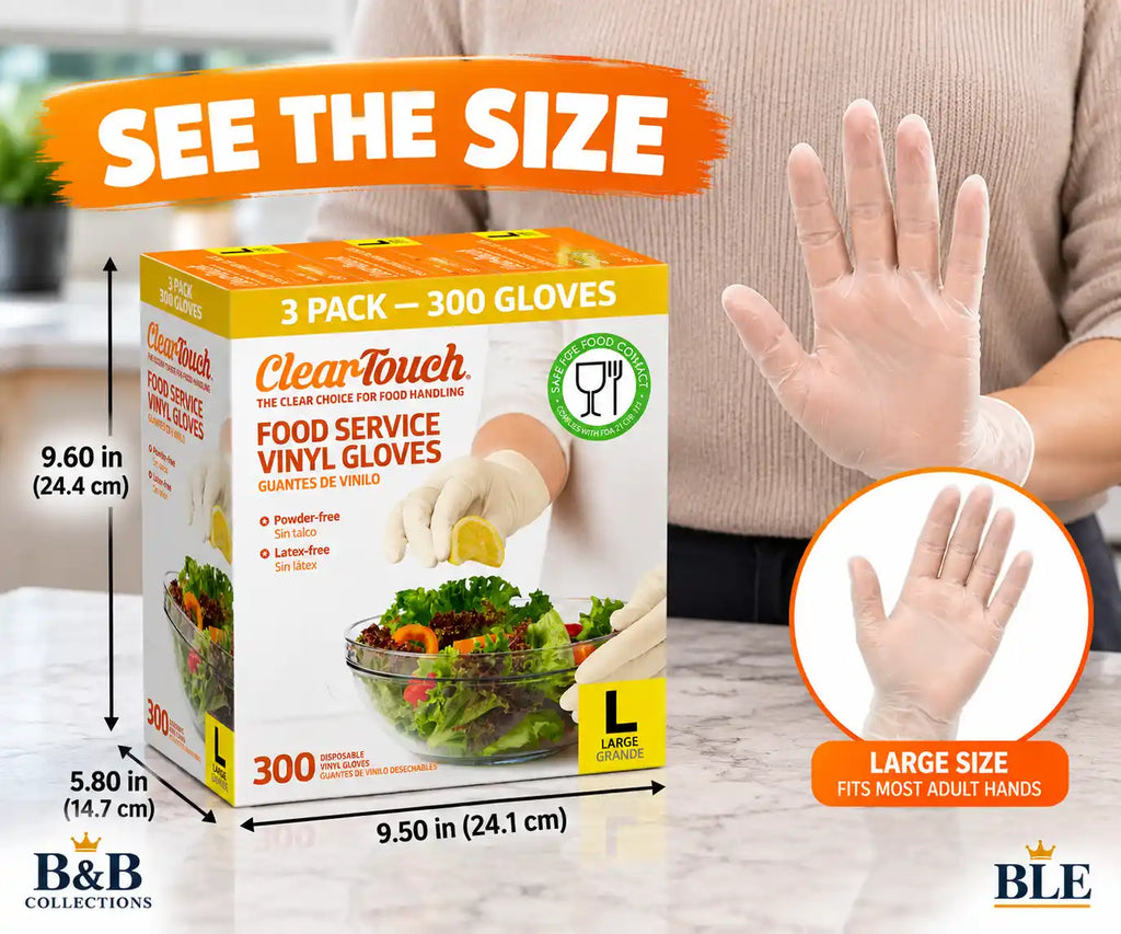 ClearTouch Food Service Vinyl Gloves, Large, Powder-Free, Latex-Free, Disposable Food Handling Gloves, 3 Pack, 300 Count